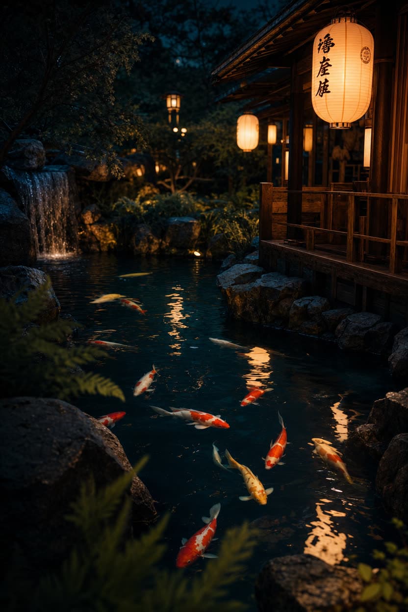 A koi pond at midnight, lanterns glowing