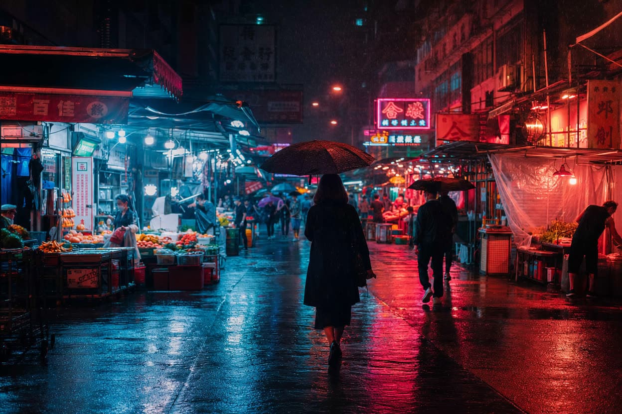 Neon street market in the rain, 35mm