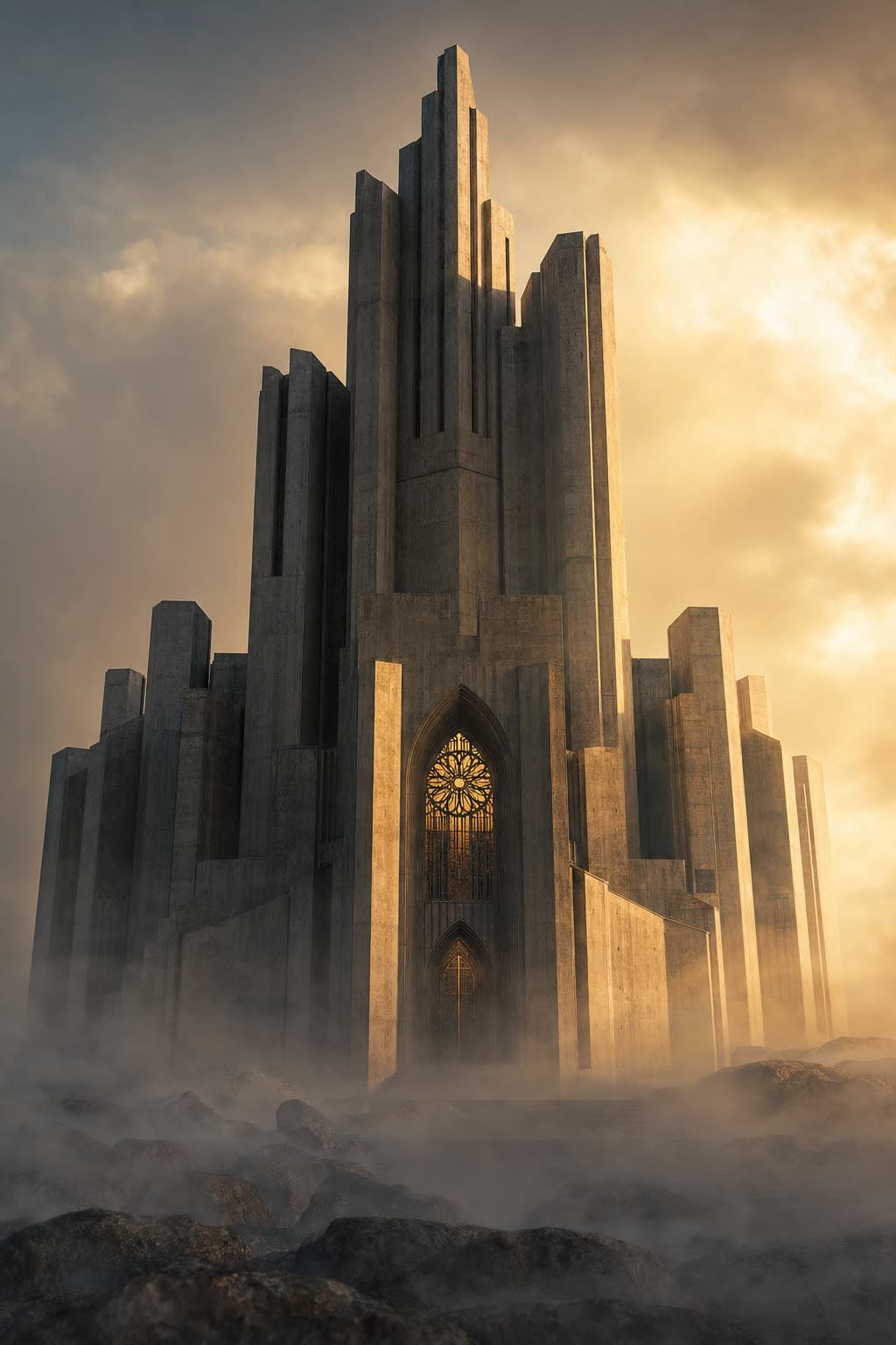 Brutalist cathedral in fog, golden hour