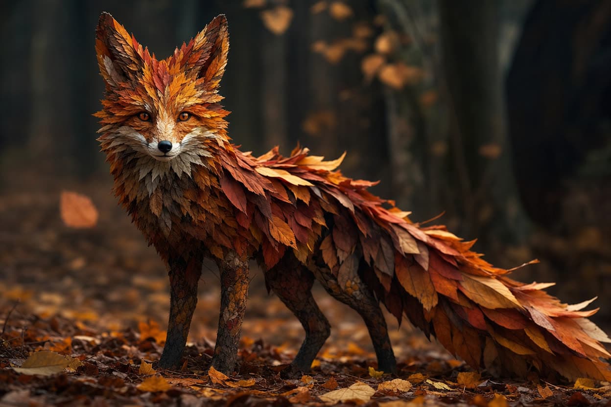 A fox made of autumn leaves
