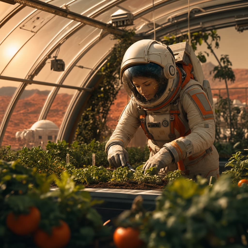Astronaut tending a greenhouse on Mars