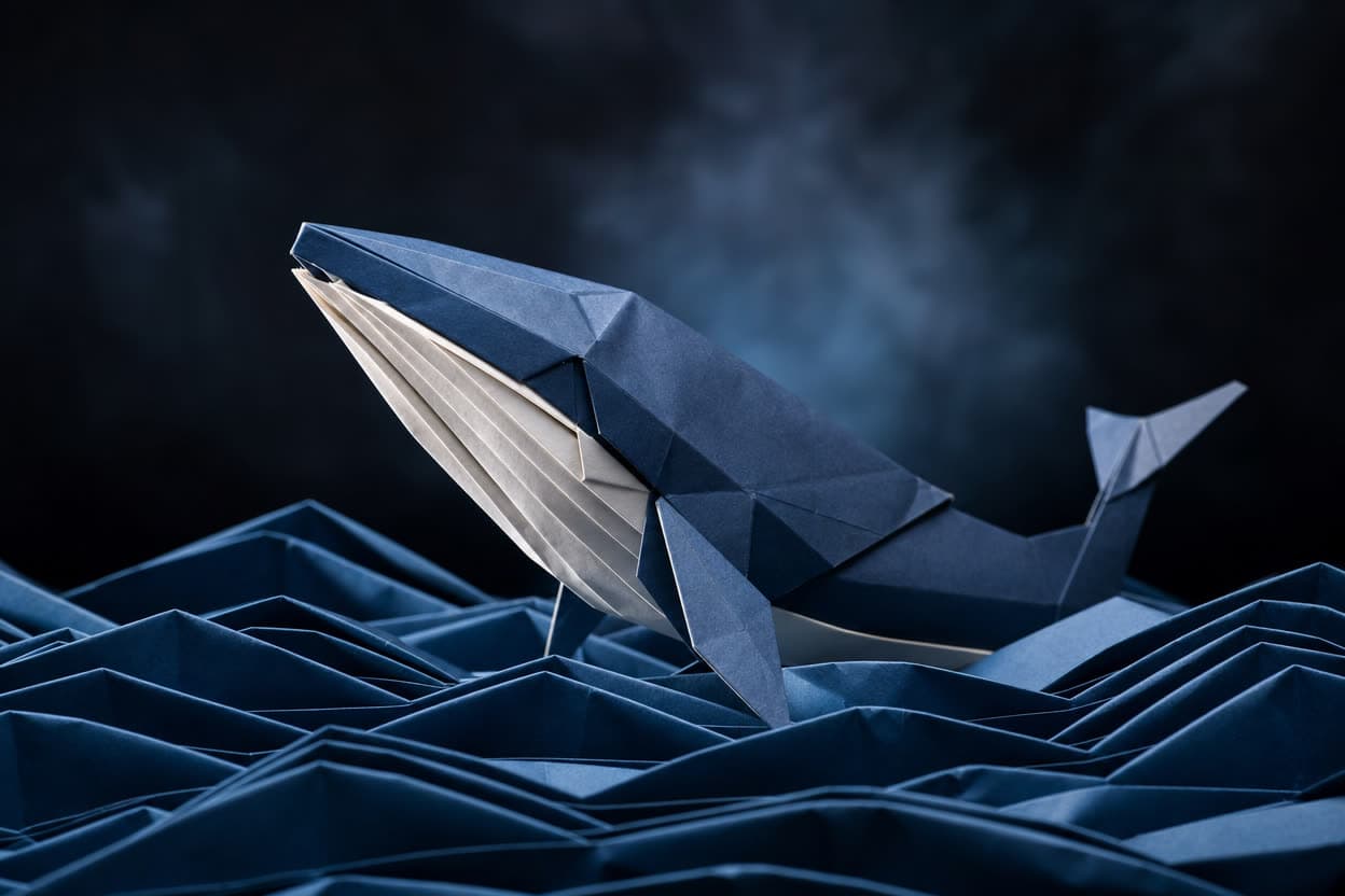 Origami whale over a paper ocean