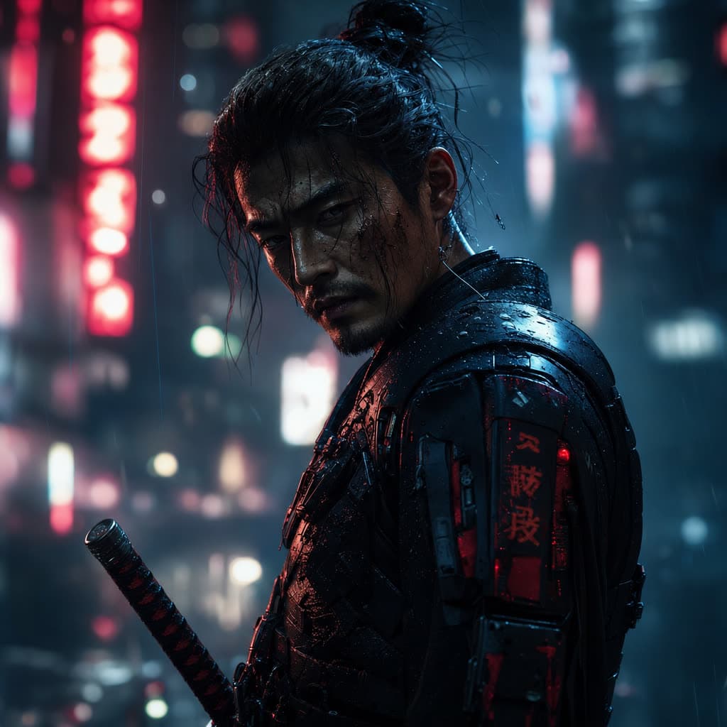 Cyberpunk samurai, cinematic rim light