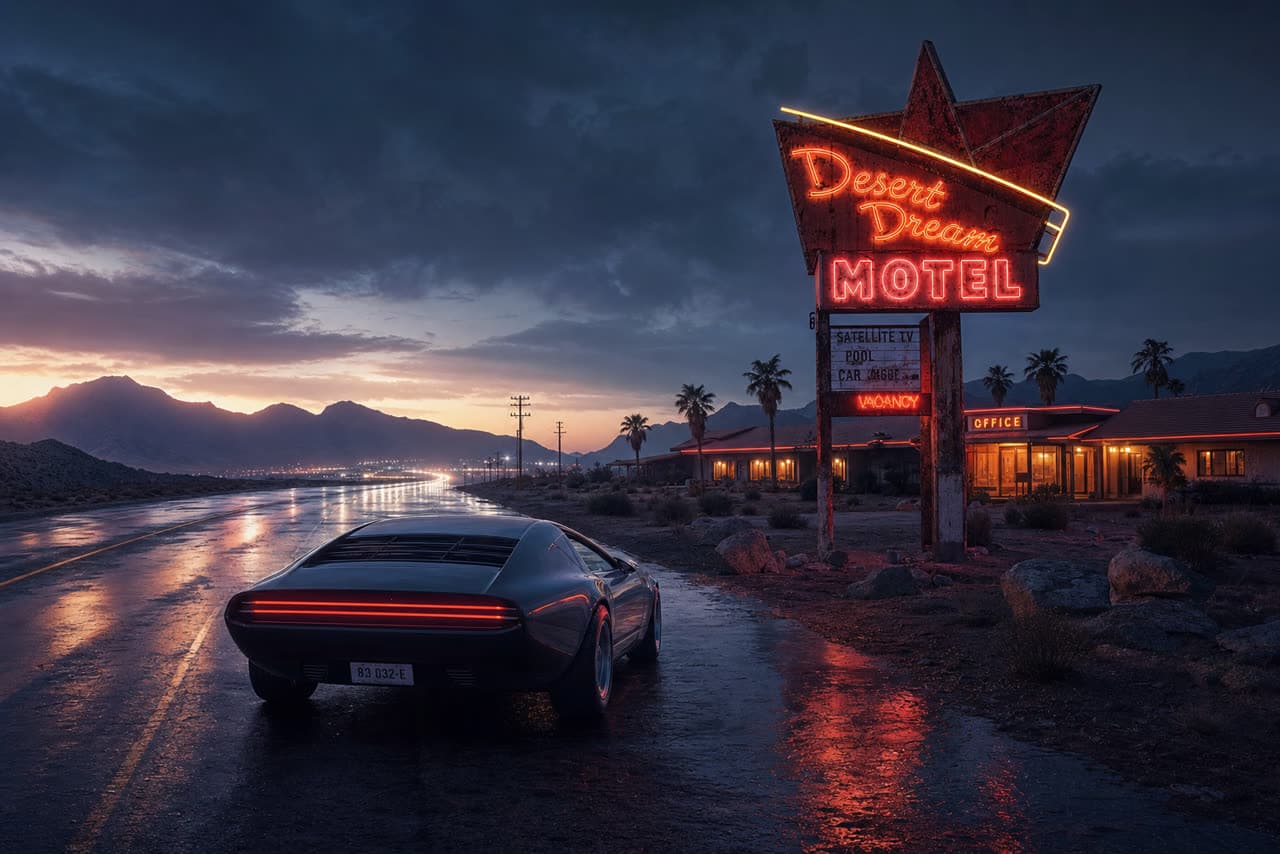Desert highway at dusk, retro futurism