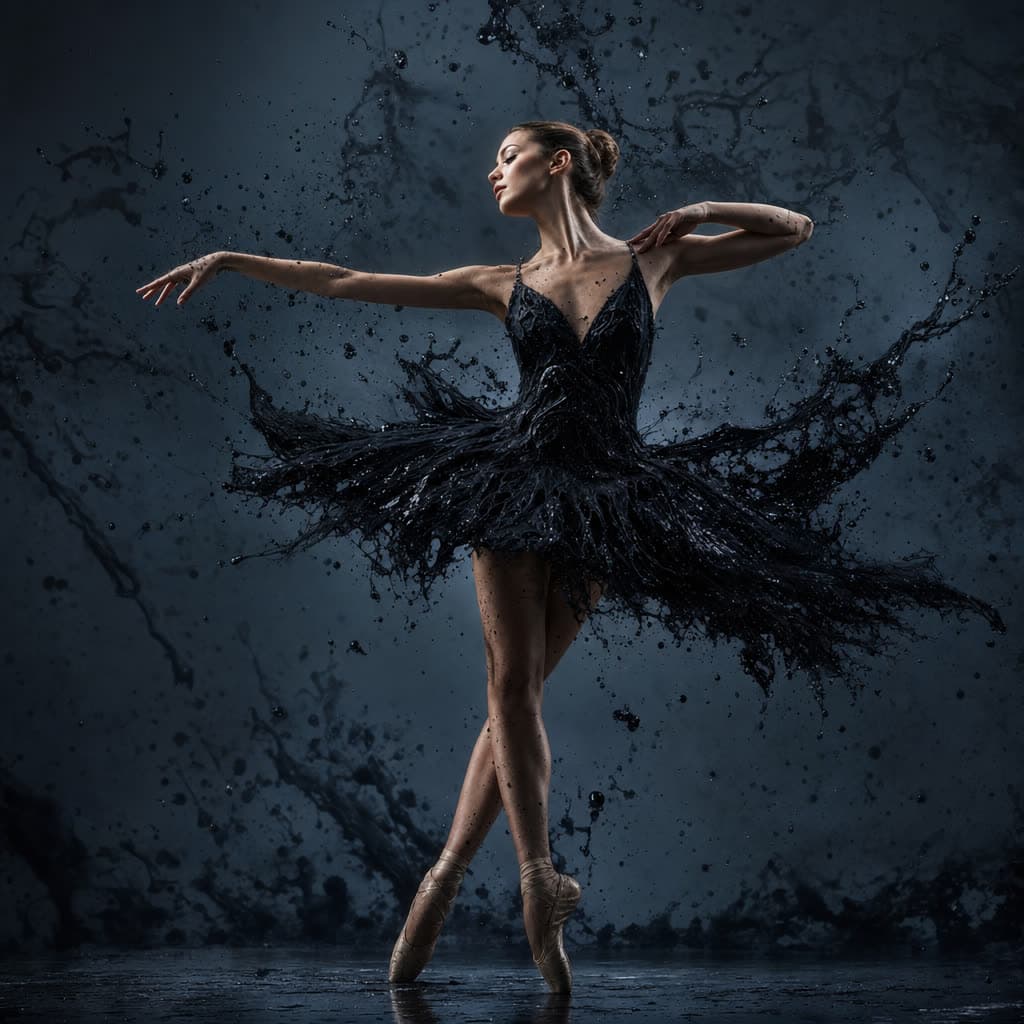 Ballet dancer in a storm of ink