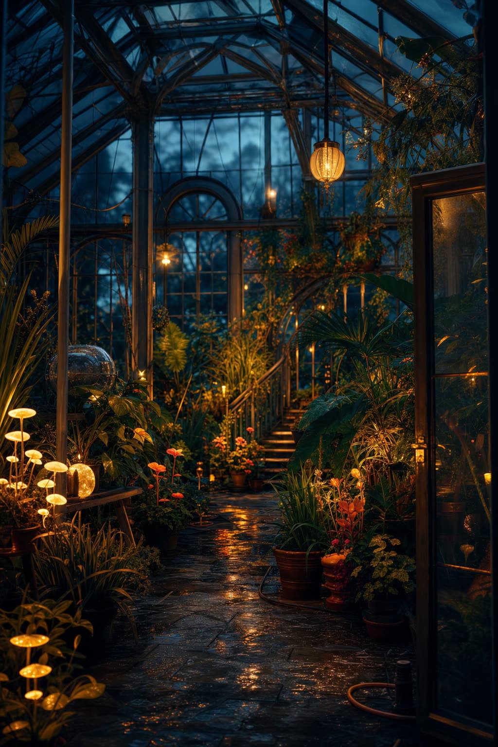 Glass greenhouse of glowing plants